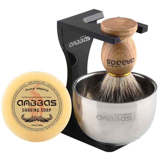 Anbbas men's gift set includes a pure badger hair shaving brush, badger shaving soap, and an acrylic shaving stand with bowl.