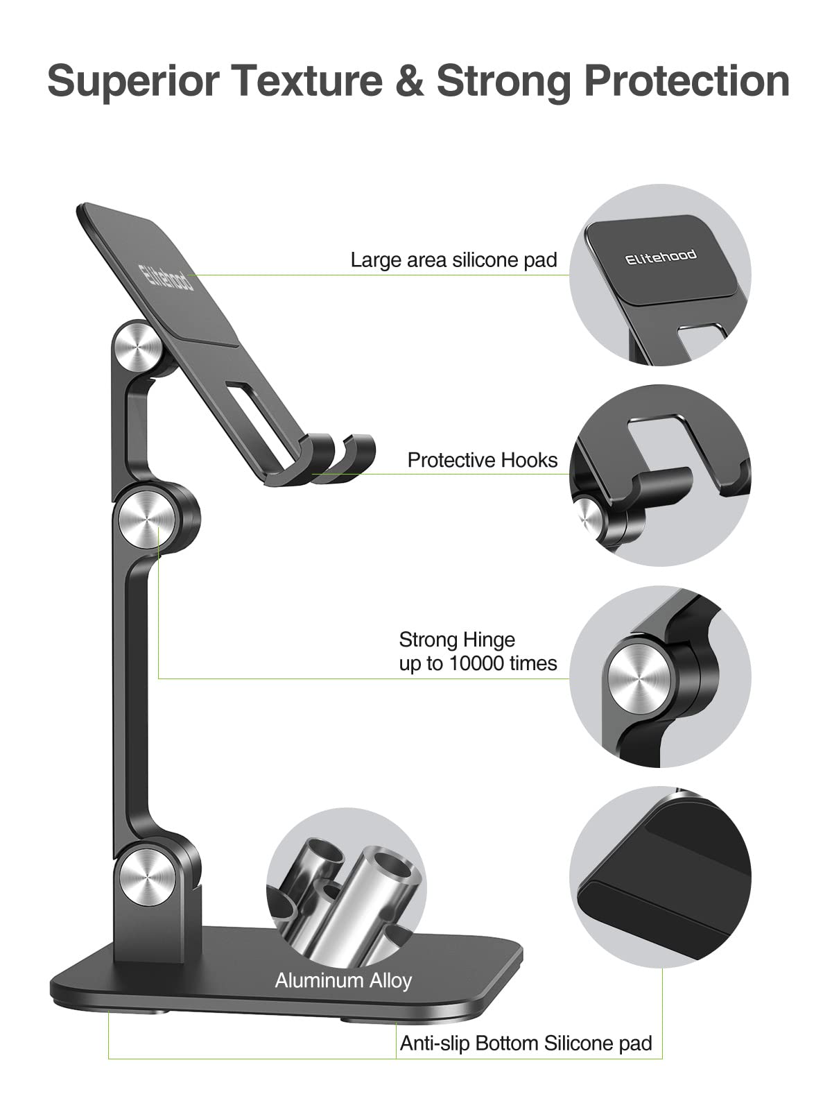 Elitehood Adjustable Aluminum iPad Stand, Adjustable Tablet Holder for Table, Foldable Tablet Stand for iPad Pro 12.9, Air, Mini, Galaxy Tab up to 4-1 Inch - Black