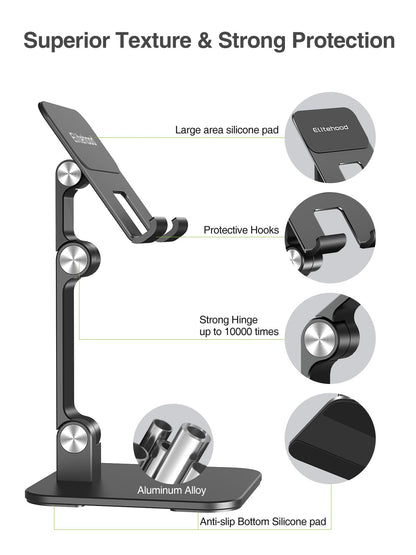 Elitehood Adjustable Aluminum iPad Stand, Adjustable Tablet Holder for Table, Foldable Tablet Stand for iPad Pro 12.9, Air, Mini, Galaxy Tab up to 4-1 Inch - Black