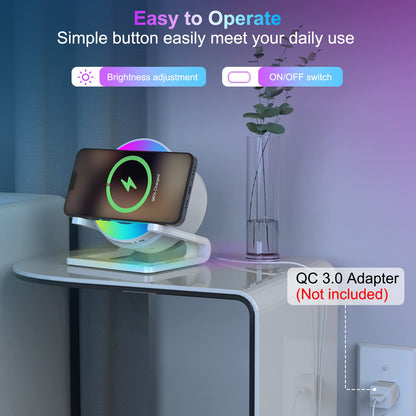 Bluetooth speaker with night light and wireless charger, touch dimmable bedside lamp with 5 light modes, music box & inductive charging station, perfect birthday gift for women and men.