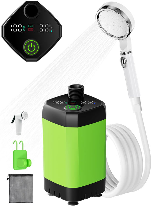Upgrade portable camping shower, camping shower with rechargeable 6000mAh battery and temperature display, mobile shower set with shower head and hose for hiking, camping, traveling, beach, pet.