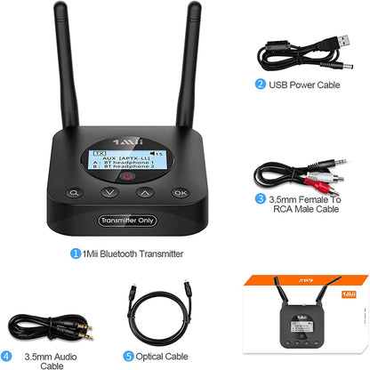 1Mii B06TX+ Bluetooth 5.2 transmitter with a long range, aptX HD & low latency wireless audio sender with screen display for TV/PC/projector to connect to 2 Bluetooth headphones/speakers.