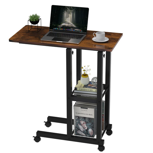 PIPIPOXER side table with wheels laptop table, computer desk height adjustable desk made of wood with 60x30x65cm table top and 4 swivel 360° wheels for computer, laptop, bedroom, office black