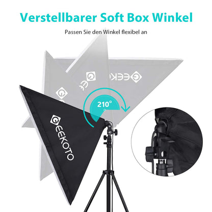 GEEKOTO Softbox Set Photo Studio 50 x 70cm, Continuous Light Studio Lighting Set with 2 Softbox Lamps E27 85W 5500K, 2m Fully Adjustable Light Stands for Studio Portraits, Product Photography, Fashion Photos, etc.