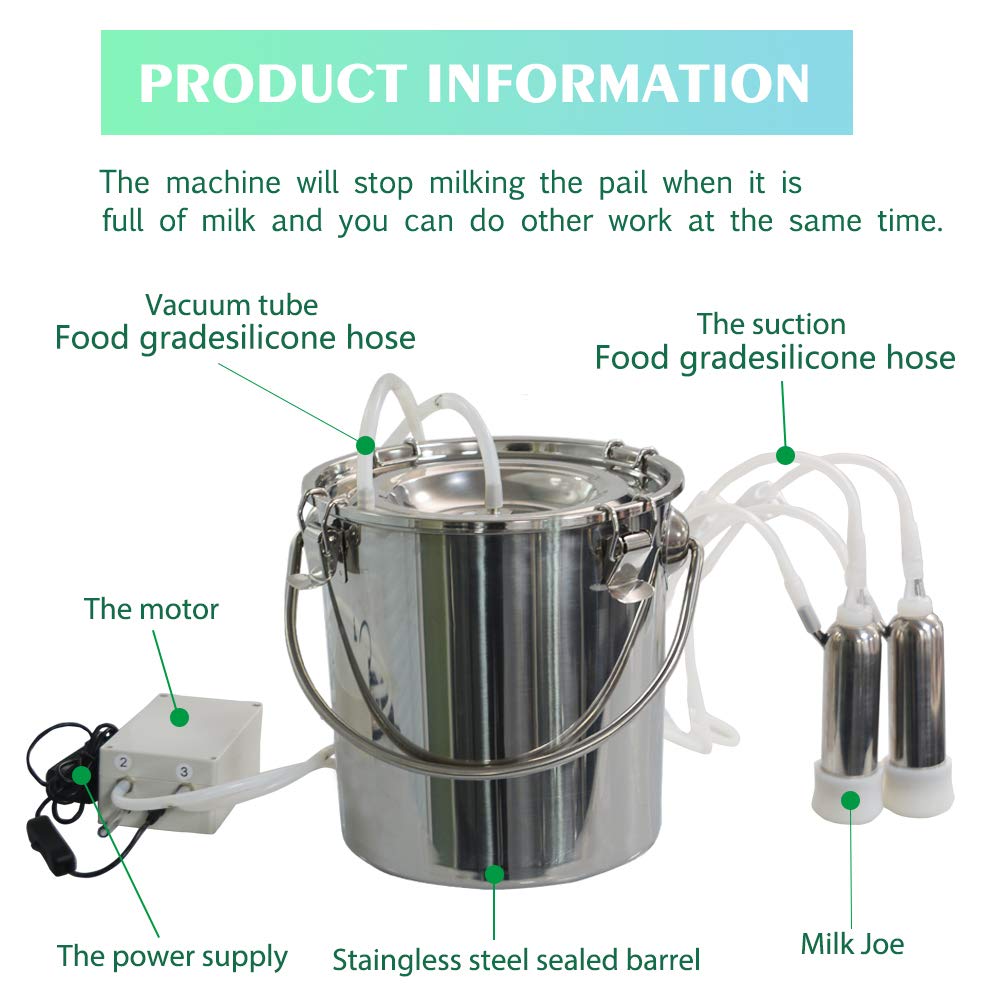 Automatic pulsating vacuum pump for milking 3.7L, portable electric milking machine for cows, goats, sheep, milking set for cattle, made of stainless steel, with vacuum milk bucket 7L for cows.