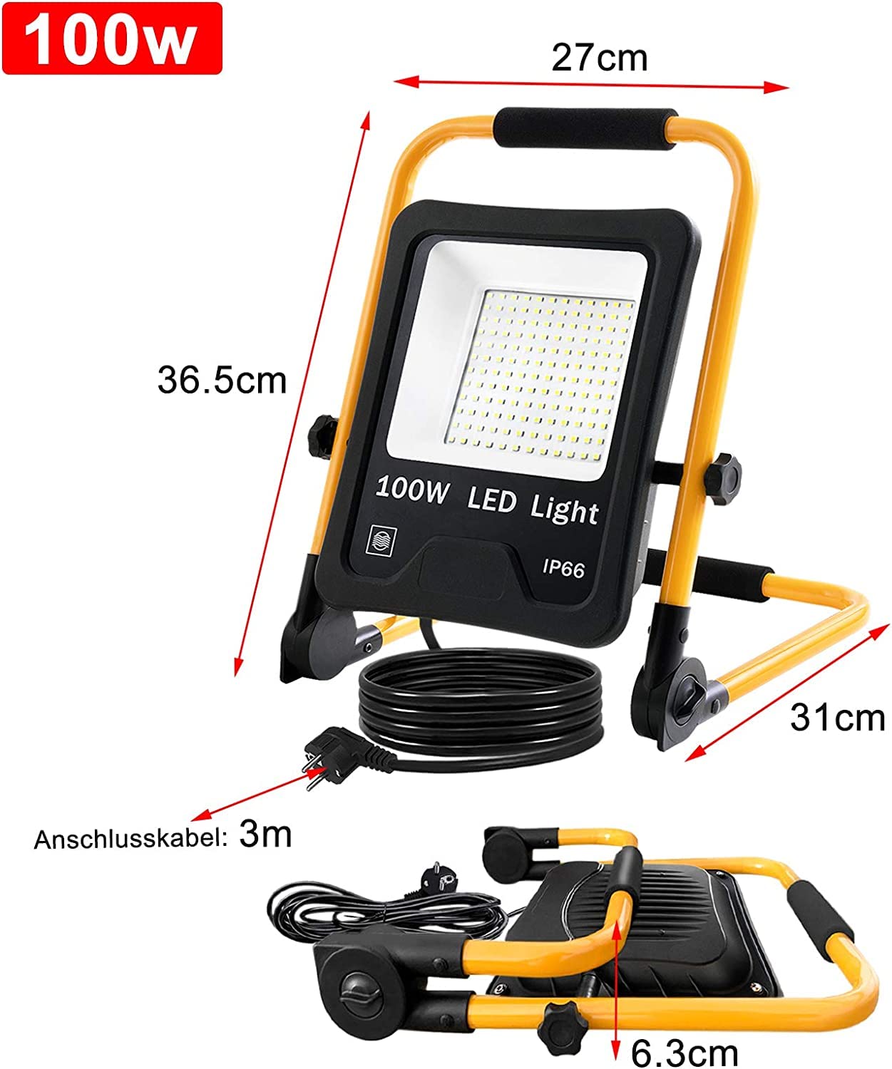 UISEBRT LED construction spotlight 100W cool white including stand and power cord - LED floodlight work light waterproof IP66 for indoor and outdoor use - garage, garden, sports field, construction site