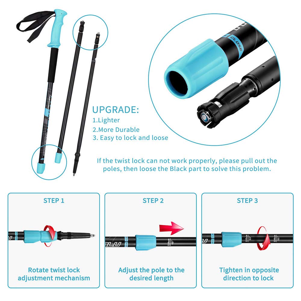 FitTrek hiking poles - Telescopic walking sticks - Adjustable lightweight Nordic walking stick for women, men, and children with rubber buffer, pads, and bag.