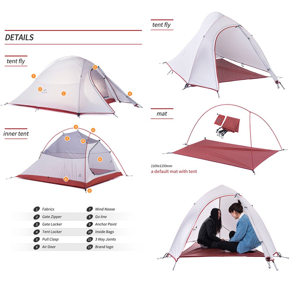 Naturehike Cloud-up 2 Ultralight Camping Tent for 2 People - Waterproof Double Layer Backpacking Tent 4 Seasons (Orange)