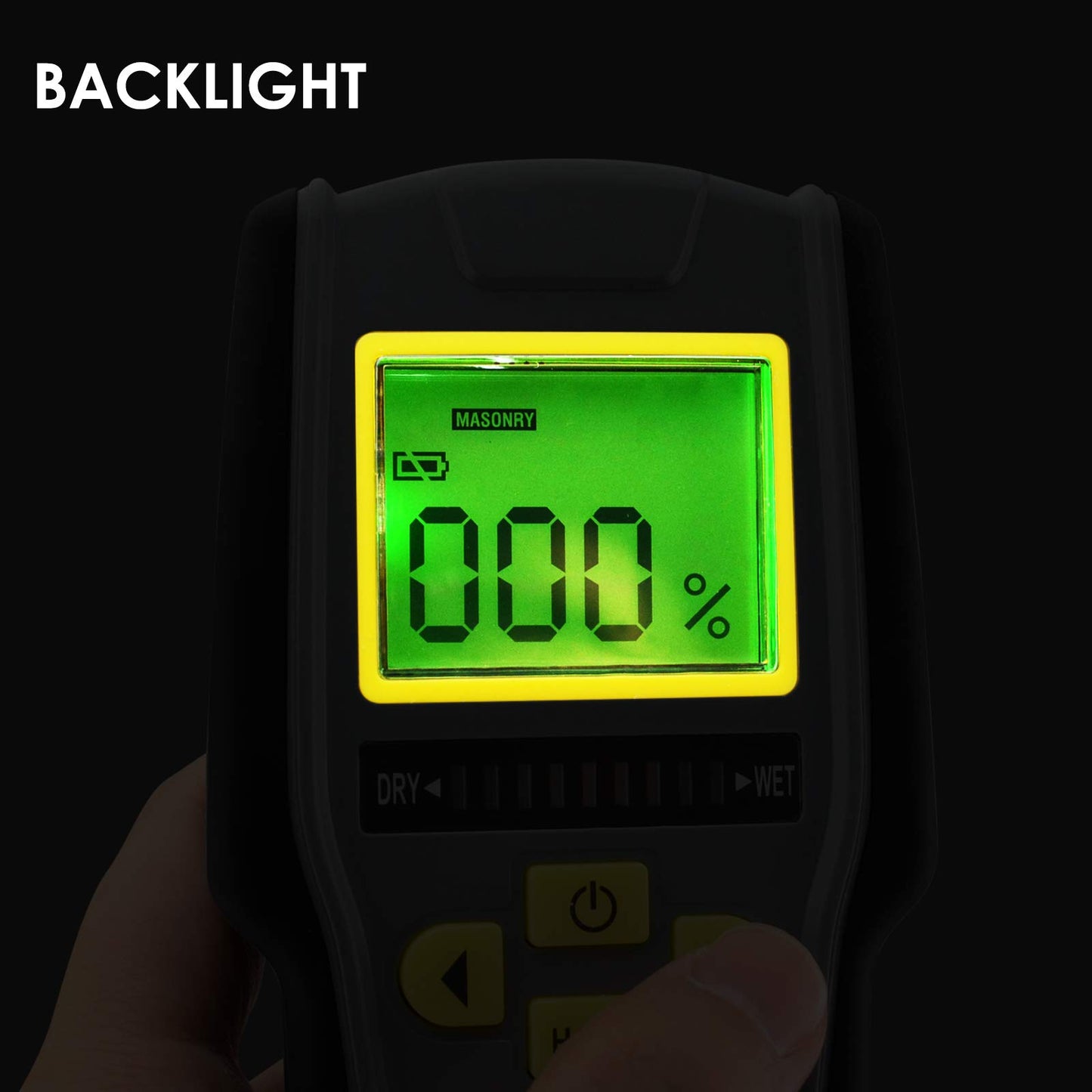 4-in-1 moisture meter without pins with digital LCD display featuring tricolor graphics for drywall, masonry, softwood, and hardwood with auto calibration & alarm.