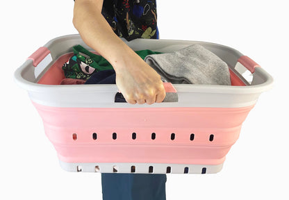 SAMMART 42L Plastic Foldable Laundry Basket - Foldable Pop-Up Storage Container/Organizer - Portable laundry hamper - space-saving (1, Gray/Quartz Pink)