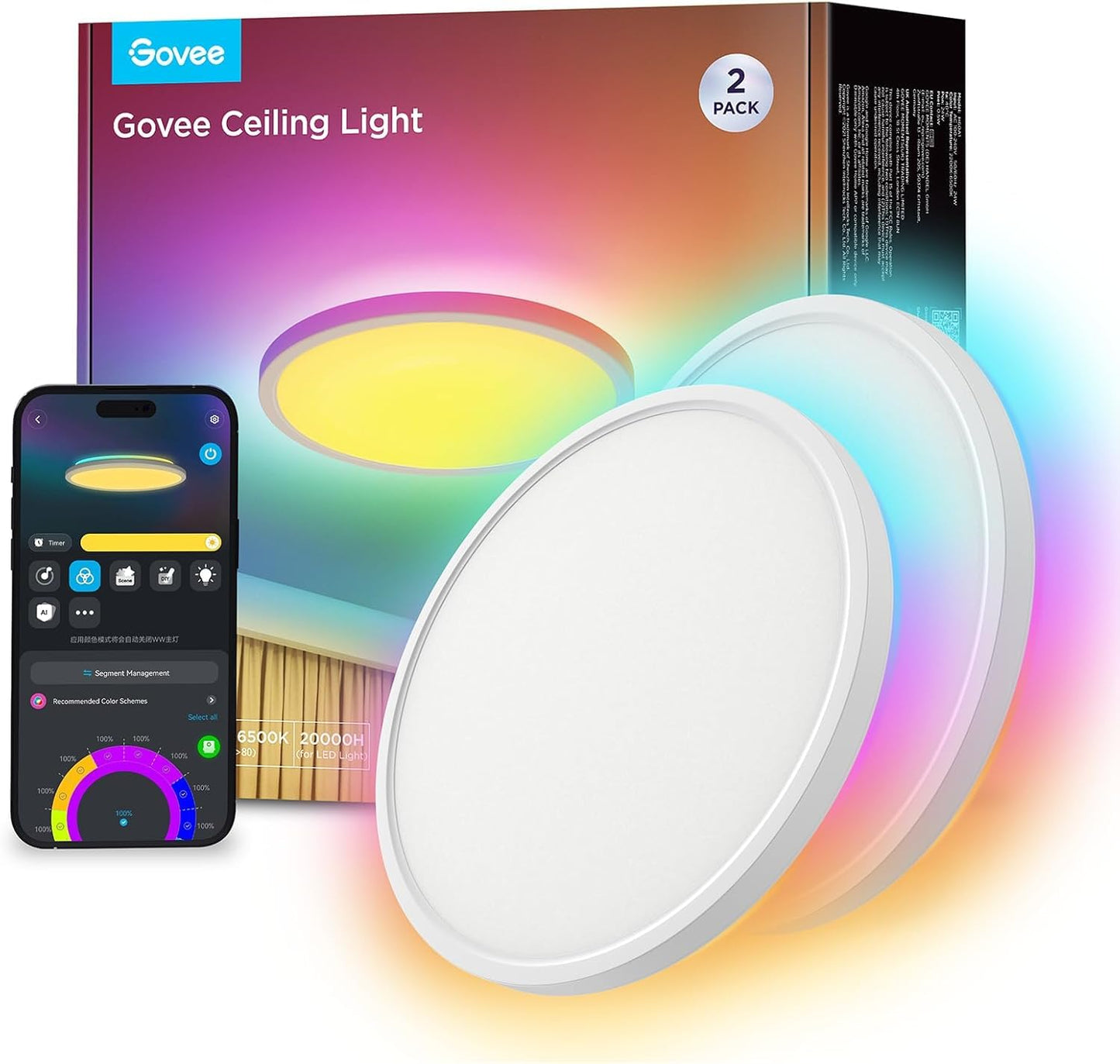 Govee RGBIC Smart Ceiling Light, 24W Ø30cm dimmable LED Ceiling Light, LED Ceiling Lamp with 16 million DIY colors, Compatible with Alexa & Google Assistant, for bedroom, 2 pieces.