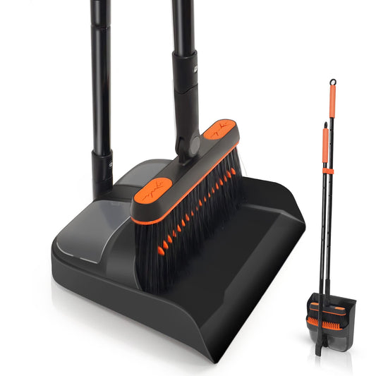 JEHONN Broom and Dustpan Set with Long Handle, 180° Rotatable Sweeper and Dustpan Combo for Home, Office, Lobby Cleaning