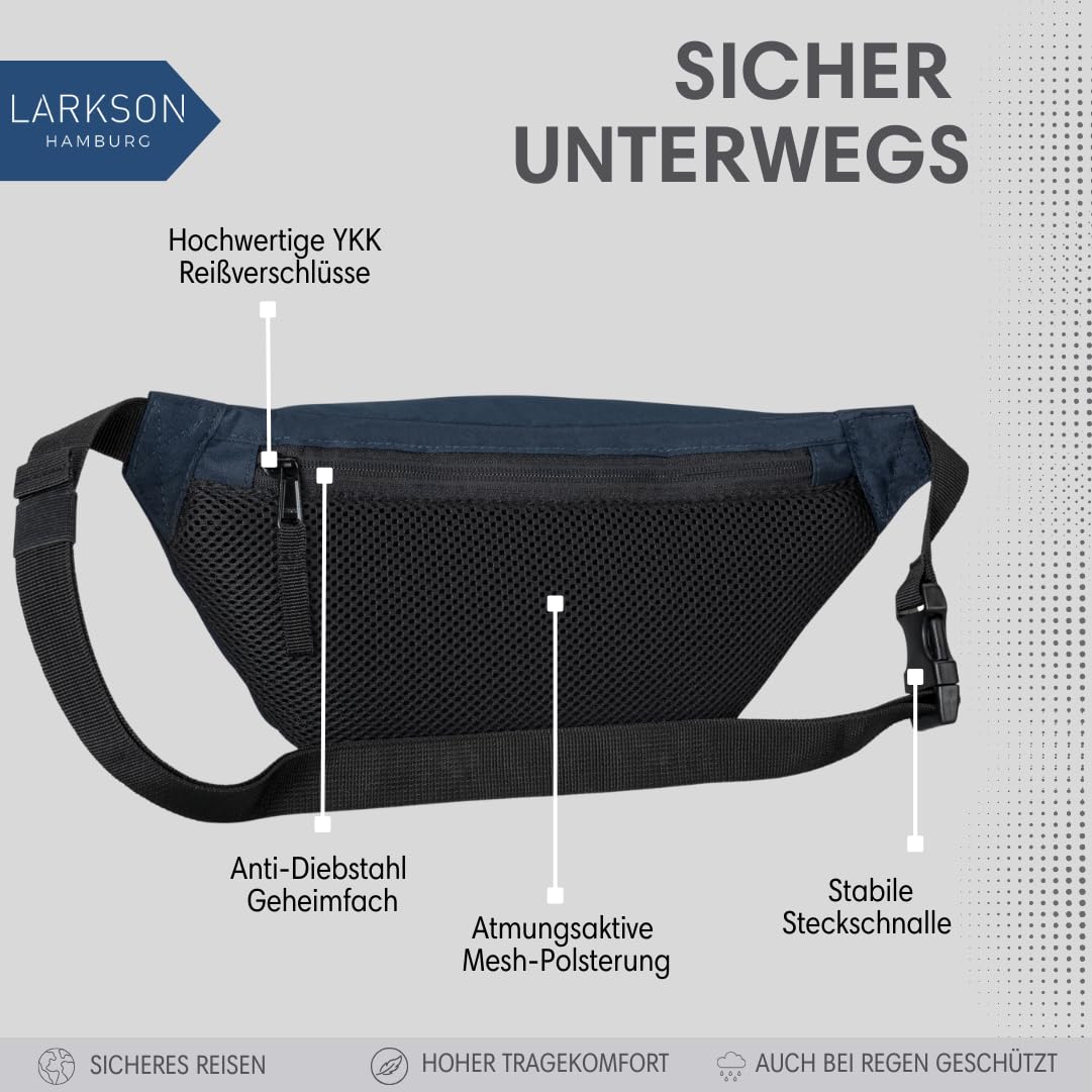 LARKSON Bum Bag Women & Men Blue - Ole - Hip Bag for Sports Outdoor City - Stylish Fanny Pack for Festival - Crossbody Bag with Strap - Water Resistant