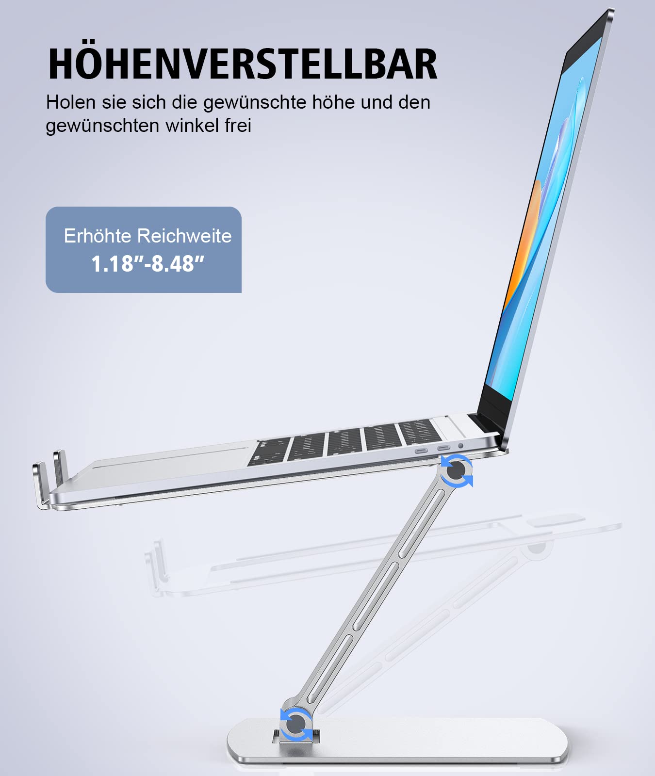 Adjustable height laptop stand, ergonomic, portable notebook stand for desk, foldable desk book stand aluminum, compatible with MacBook Air Pro (10-16 inches)