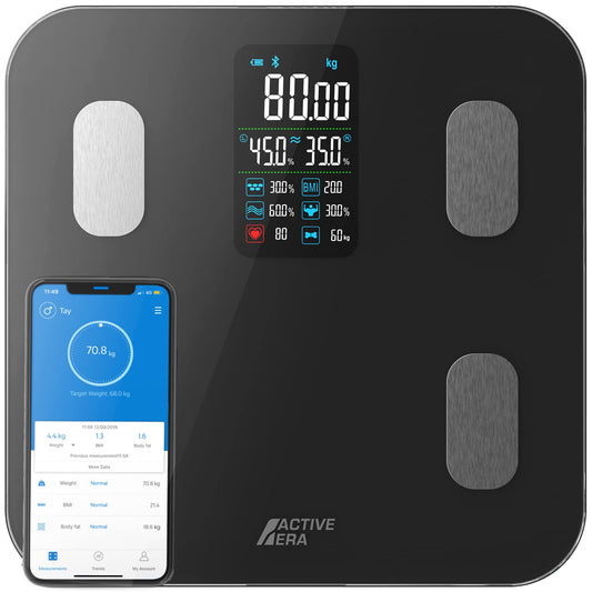 Active Era Bluetooth Body Fat Scale with large LED display - Bluetooth body fat scale with 16 measurements, highly accurate body weight, Body Mass Index (BMI), Free smartphone app (Black)