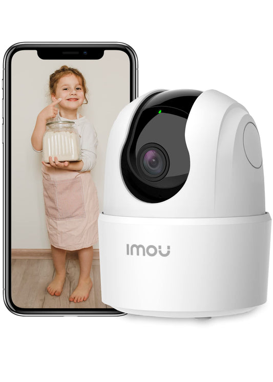 Imou 2K indoor surveillance camera with 360° coverage, AI person detection, automatic tracking, night vision, two-way audio, siren, works with Alexa.