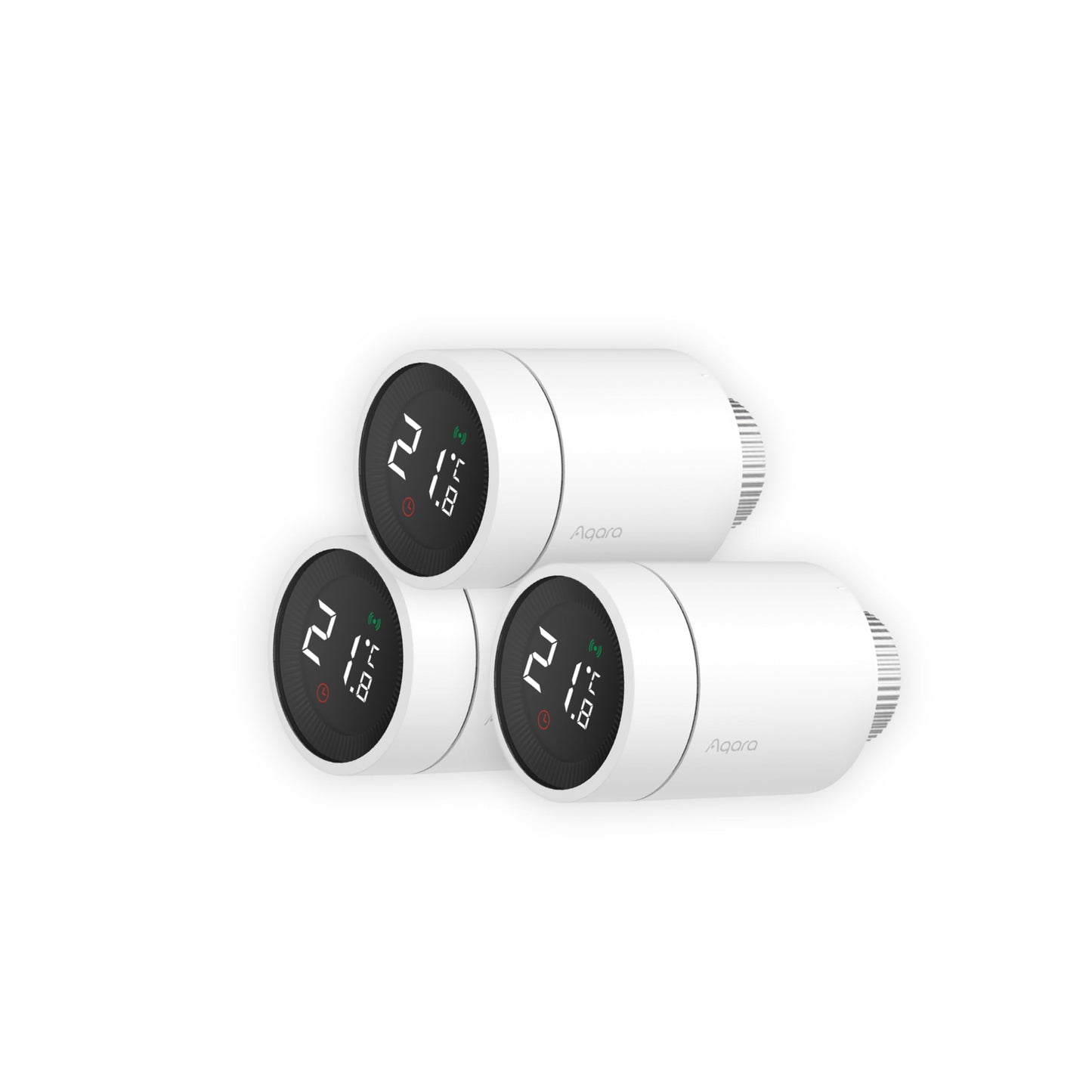 Aqara Smart Radiator Thermostat E1 3-pack, requires Aqara Zigbee 3.0 Hub, voice control, geofencing support, compatible with HomeKit, Alexa, Google Assistant, and IFTTT.