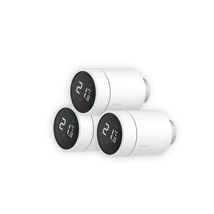 Aqara Smart Radiator Thermostat E1 3-pack, requires Aqara Zigbee 3.0 Hub, voice control, geofencing support, compatible with HomeKit, Alexa, Google Assistant, and IFTTT.