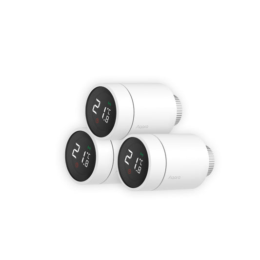Aqara Smart Radiator Thermostat E1 3-pack, requires Aqara Zigbee 3.0 Hub, voice control, geofencing support, compatible with HomeKit, Alexa, Google Assistant, and IFTTT.