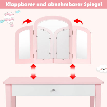 GOPLUS 2 in 1 Kids Vanity/Desk, Vanity Table & Chair, Makeup Table with Removable Triple Mirror & Drawer, Padded Stool, made of wood, in country style, for children's room (Pink)