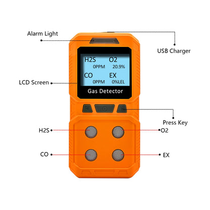 Gikaida Portable 4 Gas Monitor, H2S, O2, CO, EX Handheld Gas Detector, ready for immediate use (Orange)
