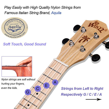 Winzz Soprano Ukulele for Kids, Ukulele Set for Adult Beginners, 21 Inches, with 9 Accessories, Small Beginner Children's Guitar 4 Strings (Color: Purple, Wood)