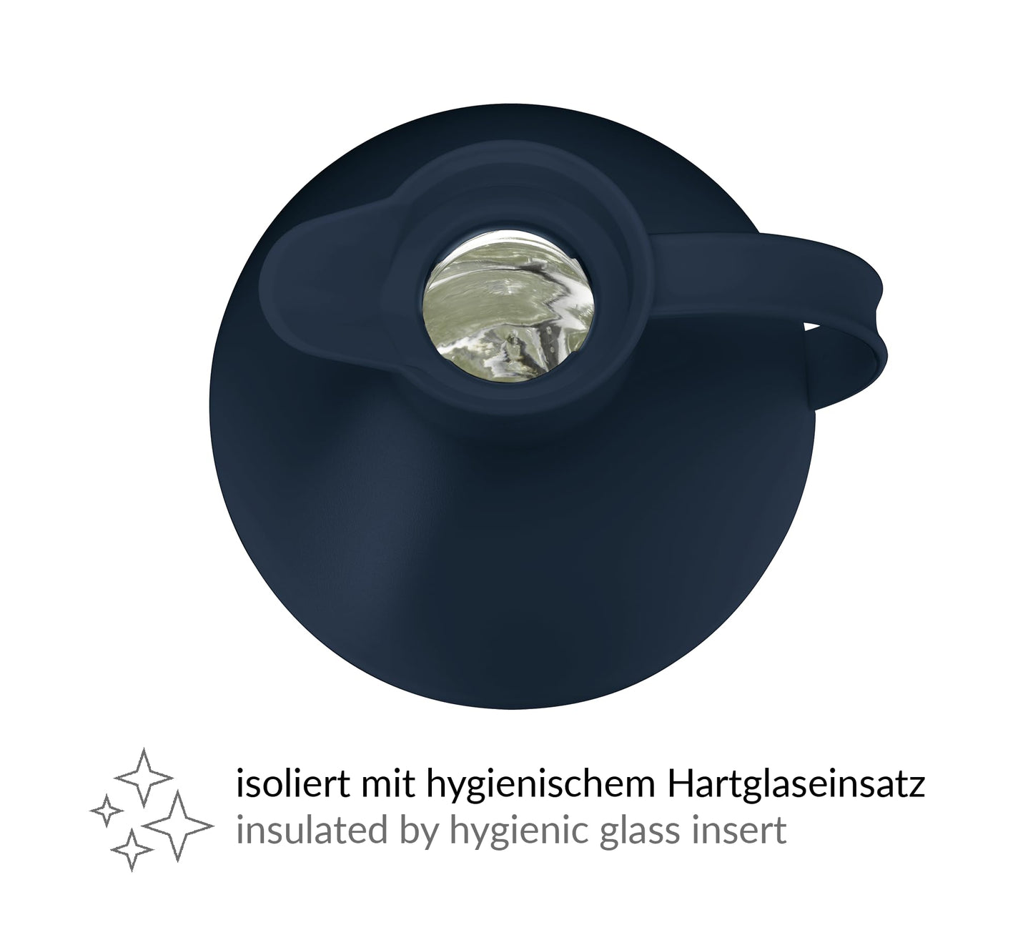 alfi BALL 1 QT, dark blue matte, plastic insulated carafe with hygienic hard glass insert, screw top lid, designer piece, spherical thermos, ideal for coffee or tea, BPA free.