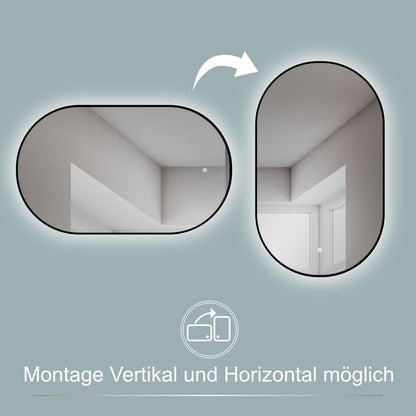 HOKO Design LED light mirror oval 50x90 cm / 90x50 cm Palermo with black metal frame. Mountable vertically or horizontally. LED illuminated bathroom wall mirror, touch switch + light change warm white - cool white - neutral.