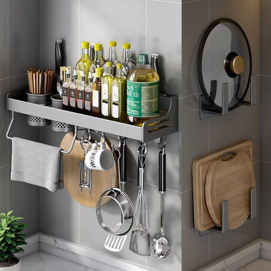Spice rack, hanging spice rack, spice racks kitchen shelf wall without drilling, spice organizer with knife slot, hooks, cup, kitchen shelf wall for spices, black, 60cm