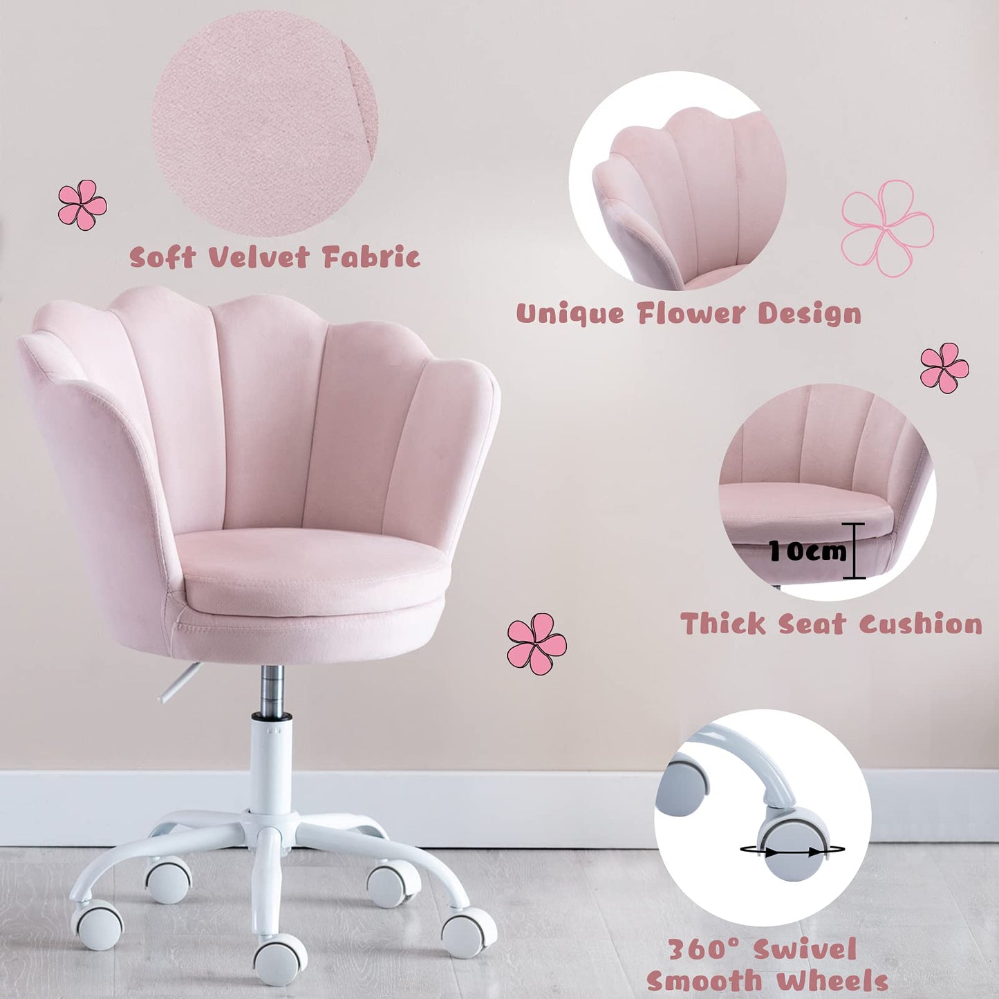 Wahson Velvet Kids Desk Chair Swivel Chair with Armrests for Girls Children Study Office Chair Height Adjustable (Light Pink)
