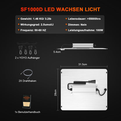 Spider Farmer LED grow light SF1000D with Samsung LM301B diodes, 100W, coverage 60x60cm. Full spectrum for indoor plants, vegetables, and flowers in grow tents or rooms.