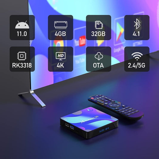 Android 11.0 TV Box, Android Box with 4GB RAM 32GB ROM RK3318 Quad-Core 64bit Cortex-A53 2.4GHz/5GHz WiFi 100M LAN Ethernet 4K UHD Bluetooth 4.0
