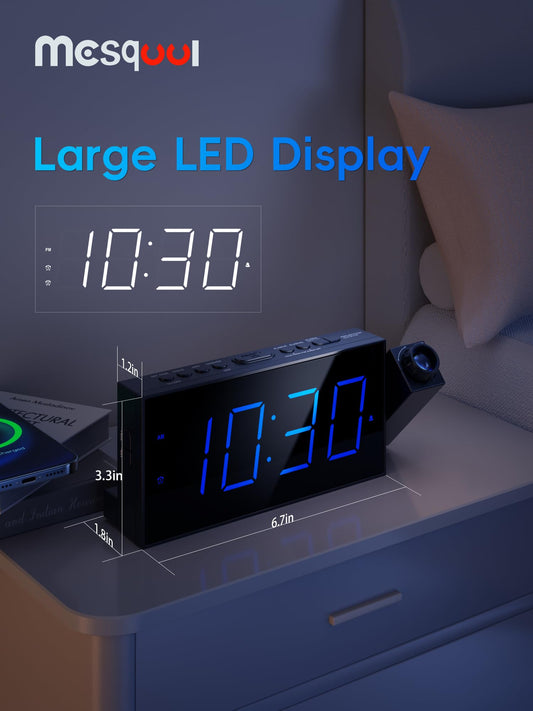 Projection alarm clock, 7-inch digital display and dimmer, dual alarms, USB port, adjustable alarm volume, snooze, 12/24 hour format, battery backup for bedroom, ceiling, wall, home, kids, seniors.