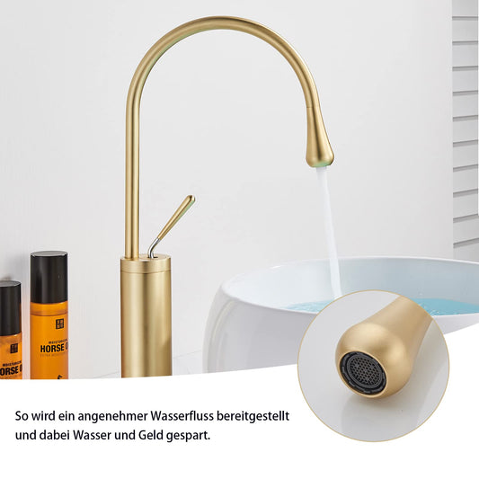 JUNSOTTOR Bathroom Faucet Brushed Gold Basin Tap Single Handle High Basin Mixer made of Brass