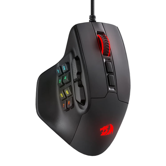 Redragon M811 Aatrox MMO Gaming Mouse, 15 programmable buttons wired RGB mouse with ergonomic grip, 10 side macro keys, software support & backlighting.