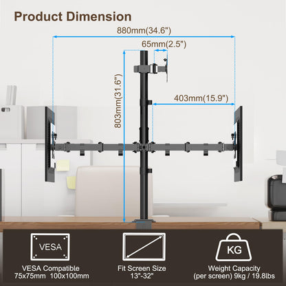 PUTORSEN Triple Monitor Mount for 13-32 inch Flat & Curved Screens, 80cm Pole Desk Mount Swivel Tilt Height Adjustable, 9kg per Arm, VESA 75x75/100x100, Black