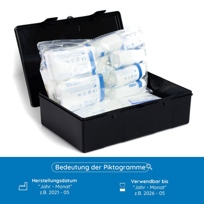2-piece vehicle first aid kit according to the current DIN 13164:2022 | includes 2 med. face masks each | Valid for 2025 according to StVZO | First aid kit for car/motorcycle | Black