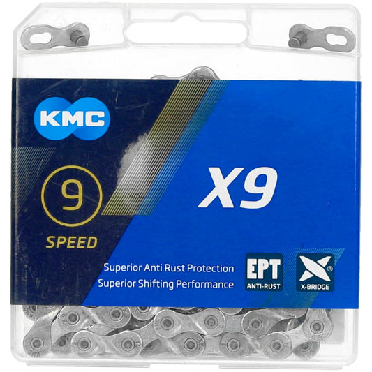 Bicycle chain, KMC bicycle chain, ›X9 EPT, 1/2" x 11/128", 114 links, 9-speed, compatible with Shimano/Sram/Campagnolo, rust resistant.