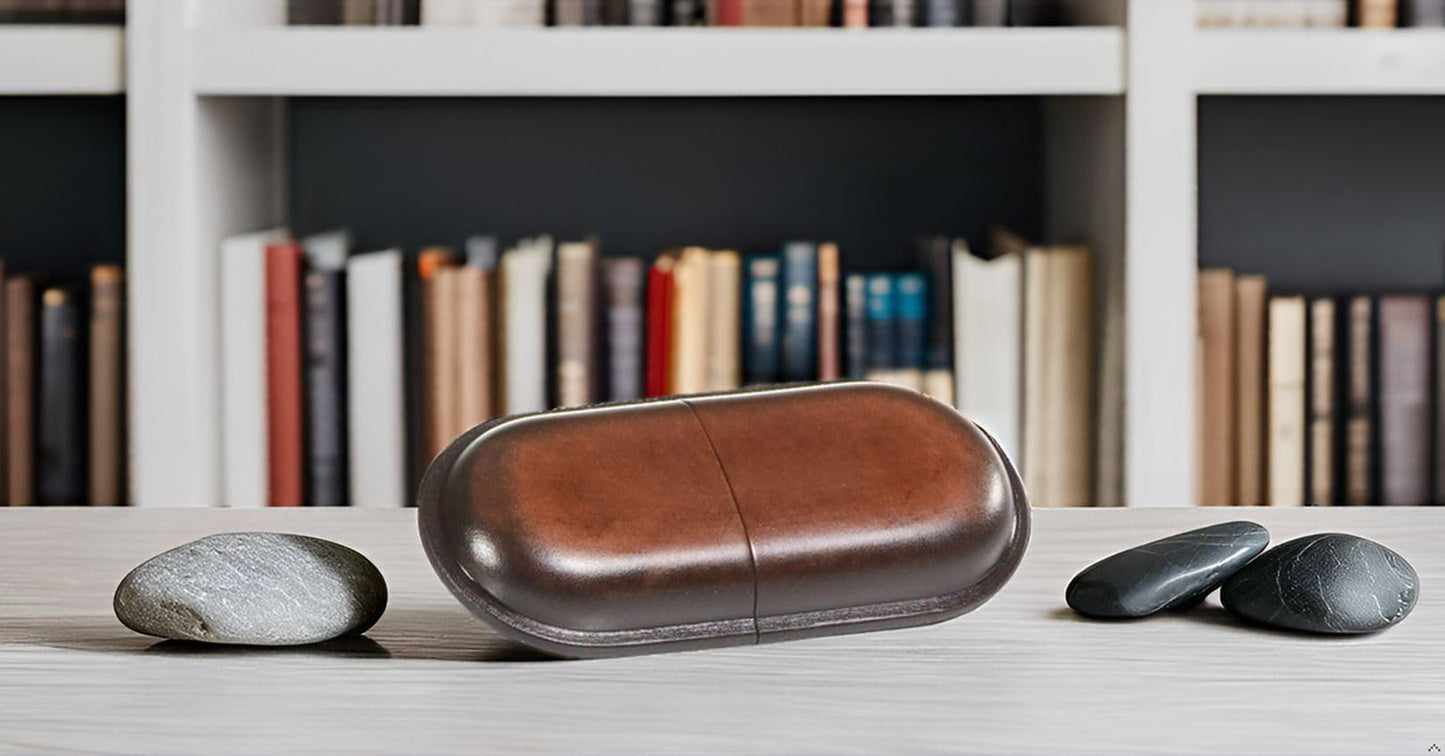 MIKA 28071302 - Large eyeglass case made of genuine saddle leather in brown, round case for glasses and eyewear, glasses box for men and women, brown glasses storage, sunglasses case approx. 18 x 8 x 4 cm.