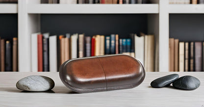 MIKA 28071302 - Large eyeglass case made of genuine saddle leather in brown, round case for glasses and eyewear, glasses box for men and women, brown glasses storage, sunglasses case approx. 18 x 8 x 4 cm.