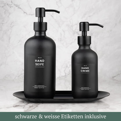 MONOKO 2-pack soap dispenser in black matte glass with tray | 500/250ml kitchen dish soap dispenser | refillable bottles | stainless steel pump head | pump bottle + sticker