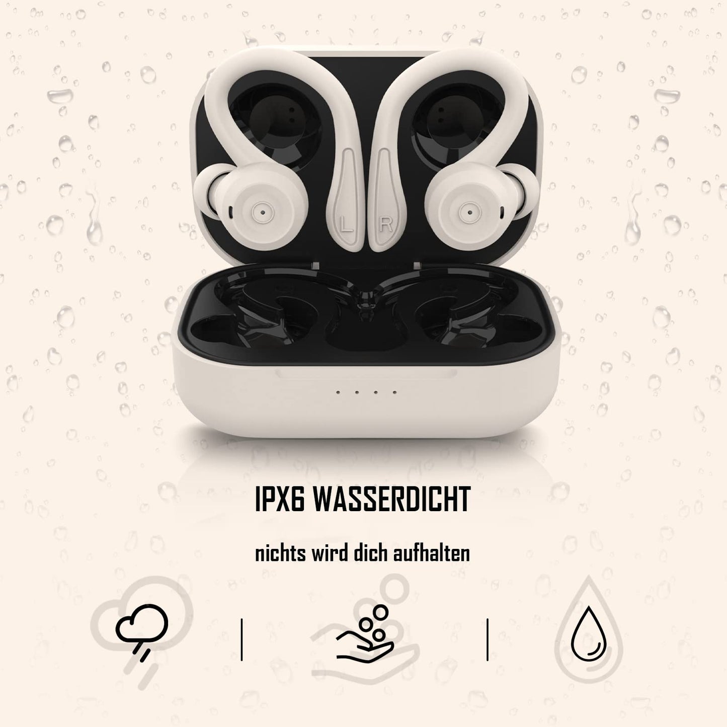 Bluetooth sport headphones in-ear, waterproof and sweatproof. Wireless with noise cancellation, microphone, and ear hooks for training, running, cycling. Compatible with iOS and Android, in beige color.