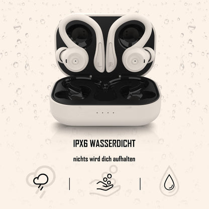 Bluetooth sport headphones in-ear, waterproof and sweatproof. Wireless with noise cancellation, microphone, and ear hooks for training, running, cycling. Compatible with iOS and Android, in beige color.