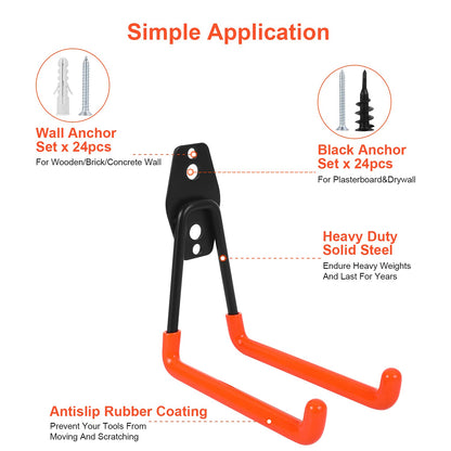 AojSup 12 Pack Wall Hooks for Garage, Heavy Duty Garage Hooks, Double Hooks for Garage, Garage Storage Hooks for Organizing Ladders, Chairs, Hose, Bikes, Power Tools Bulky Items (Orange)