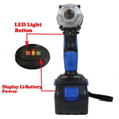 Autofather 18V Cordless Impact Wrench 420Nm torque, 2900rpm, 1/2" anvil; 6000mAh battery, fast charger, 4 sockets (17/19/20/22 mm), belt clip, and carrying case included.