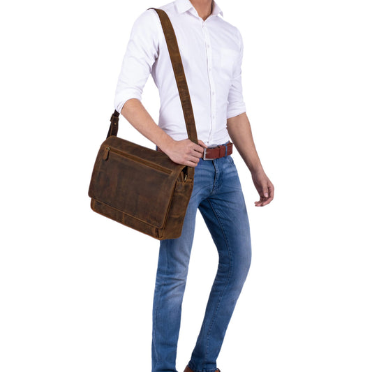 STILORD 'Jan' 15.6 inch laptop bag leather men women shoulder bag briefcase casual office bag soft vintage leather, color: calais - brown