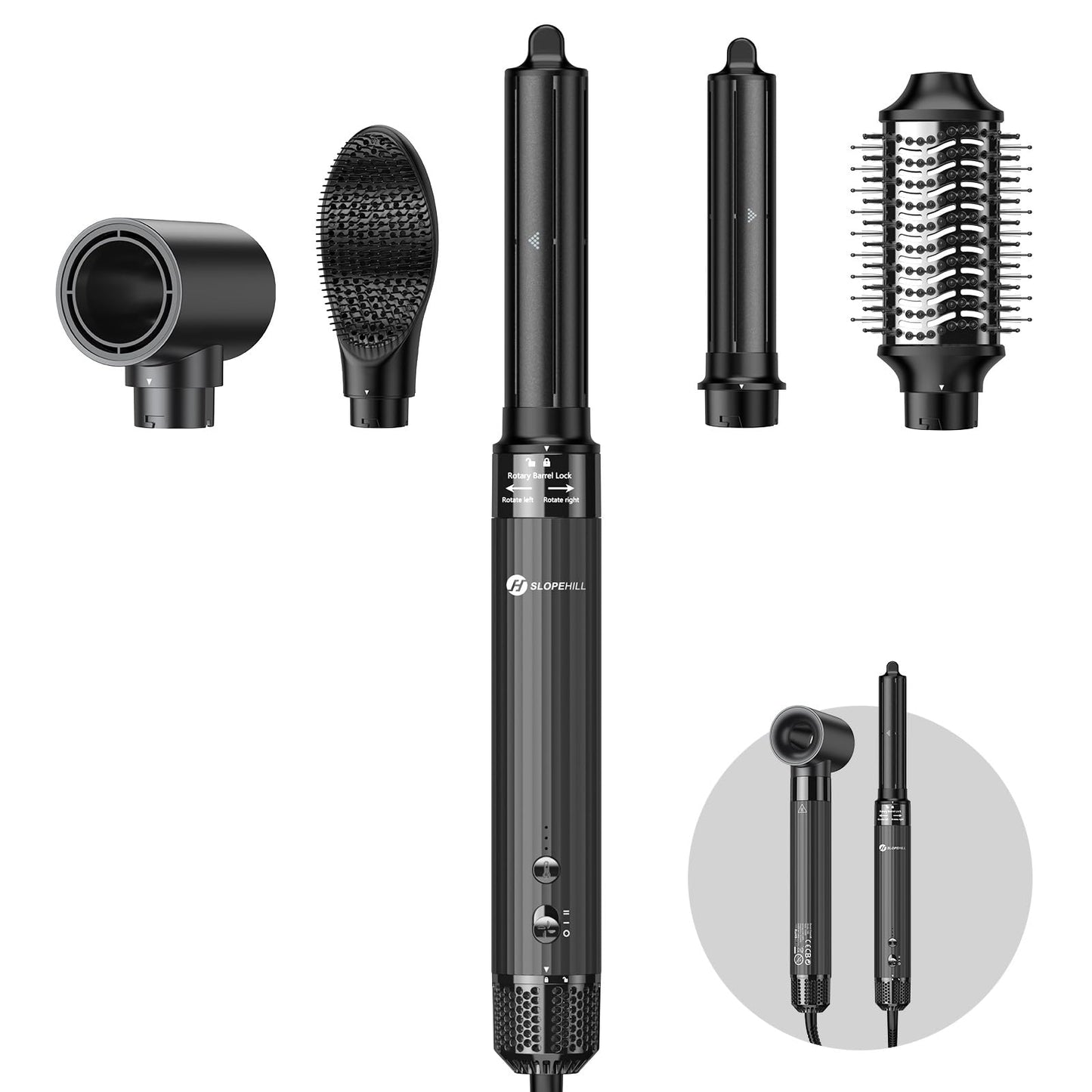 (OUTLET) Slopehill Airstyler 5 IN 1, 110,000 RPM High-Speed Ionic Hair Dryer for Quick Drying, Multi-Hair Styler with Automatic Air Curler, Hair Straightener Brush & Volumizing Brush (Dark Gray)