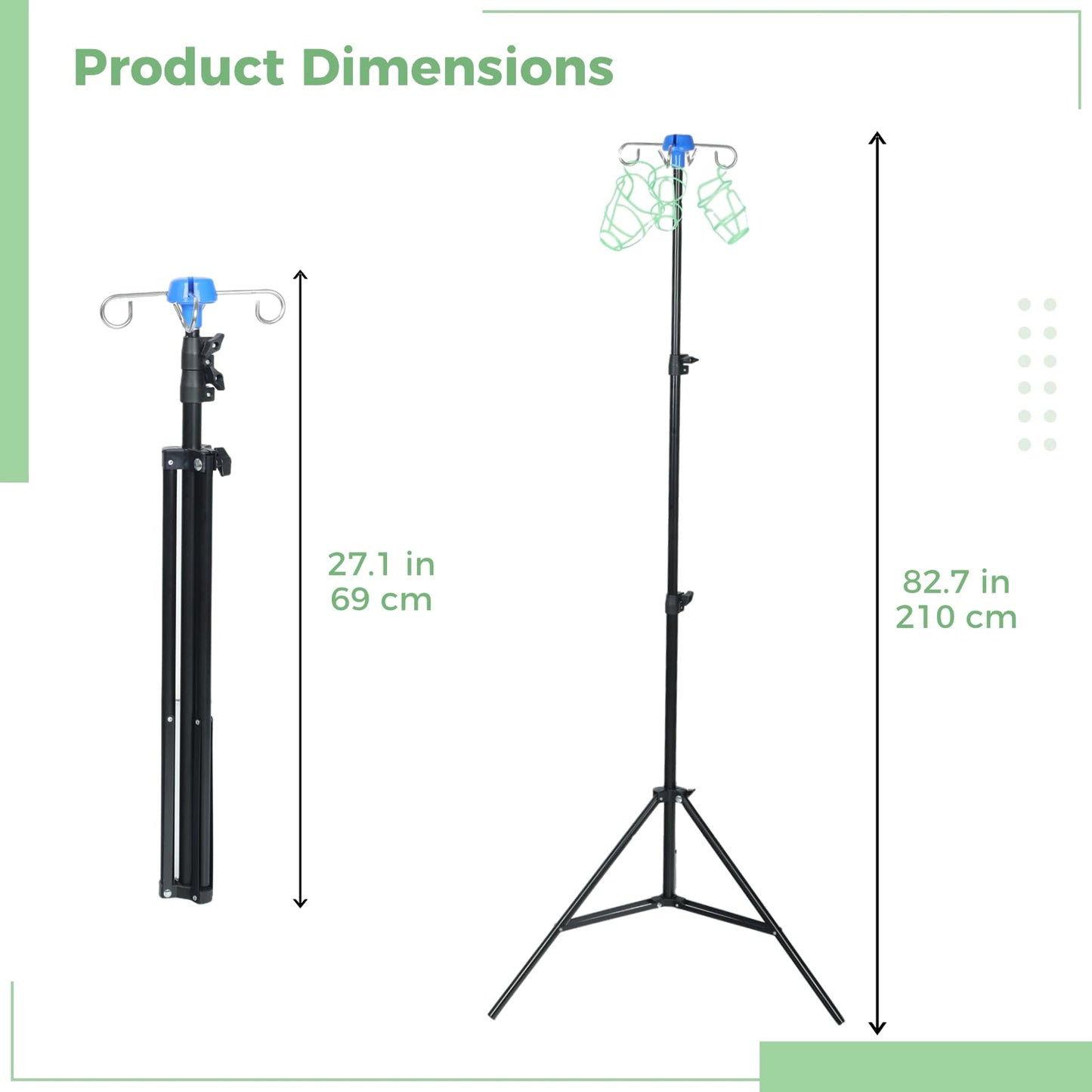 IV stand with 4 hooks and 3 mesh bags, collapsible tripod for IV infusion stands, portable mobile infusion bottle stand