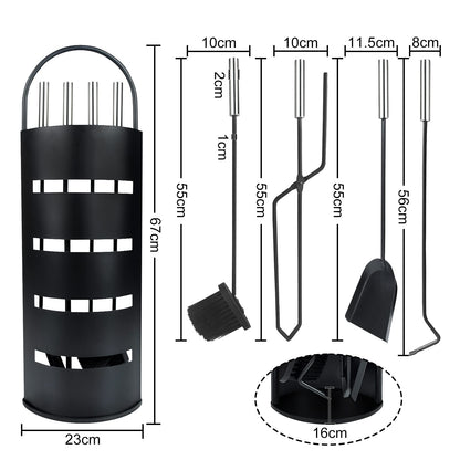 UISEBRT Fireplace Tool Set Black - Modern Stainless Steel 5-piece fireplace tool set: stainless steel stand with windshield, broom, tongs, poker, ash shovel (Black)