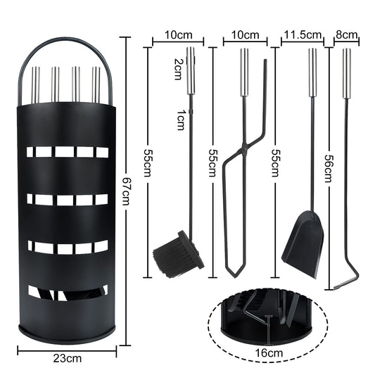 UISEBRT Fireplace Tool Set Black - Modern Stainless Steel 5-piece fireplace tool set: stainless steel stand with windshield, broom, tongs, poker, ash shovel (Black)